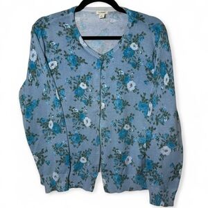 L.L. Bean Blue Floral Supima Cotton Cardigan Sweater Large Cottagecore